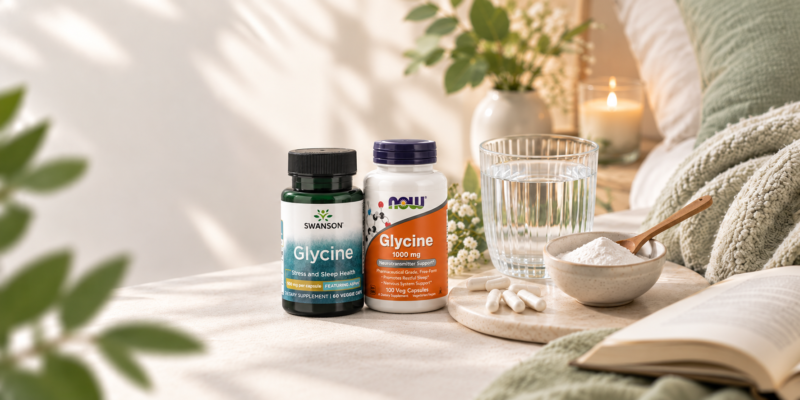 Glicin NOW in Swanson v kapsulah ob posodi glicina v prahu ter kozarcu vode.