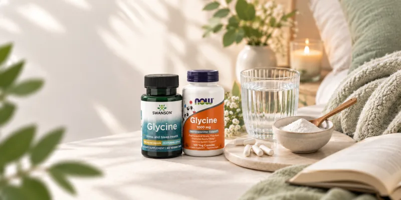 Glicin NOW in Swanson v kapsulah ob posodi glicina v prahu ter kozarcu vode.
